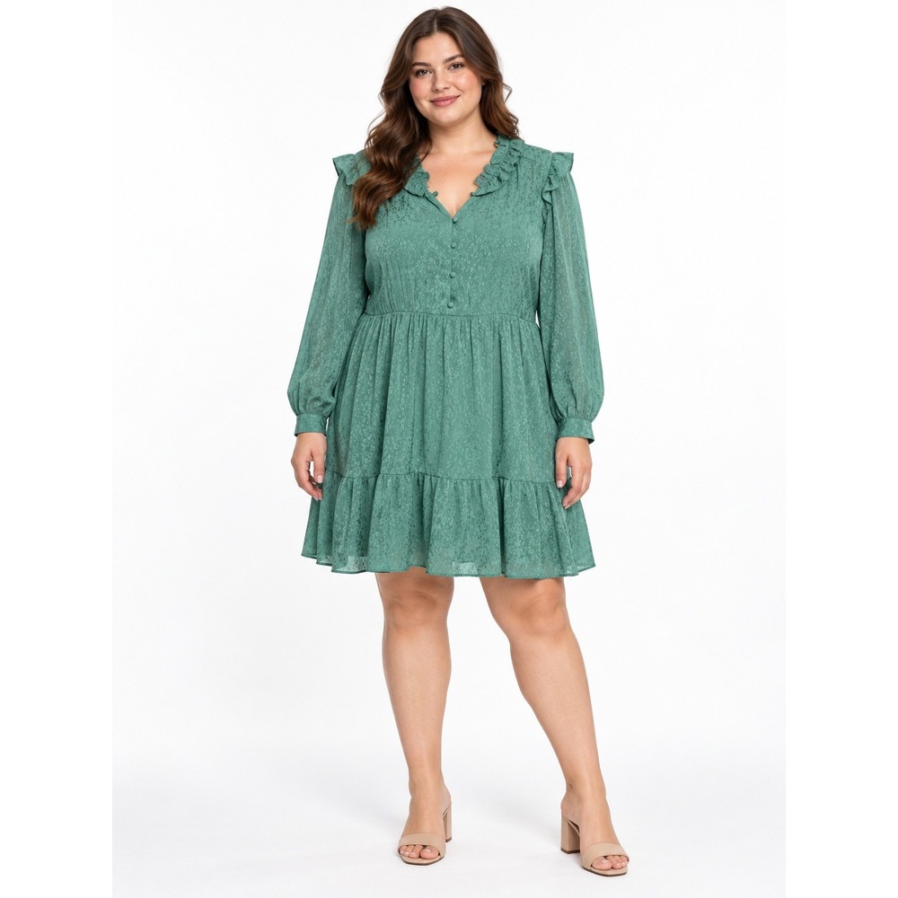 LC Lauren Conrad Mini Dress XL Green Ruffle V-Neck Floral Jacquard Long Sleeve